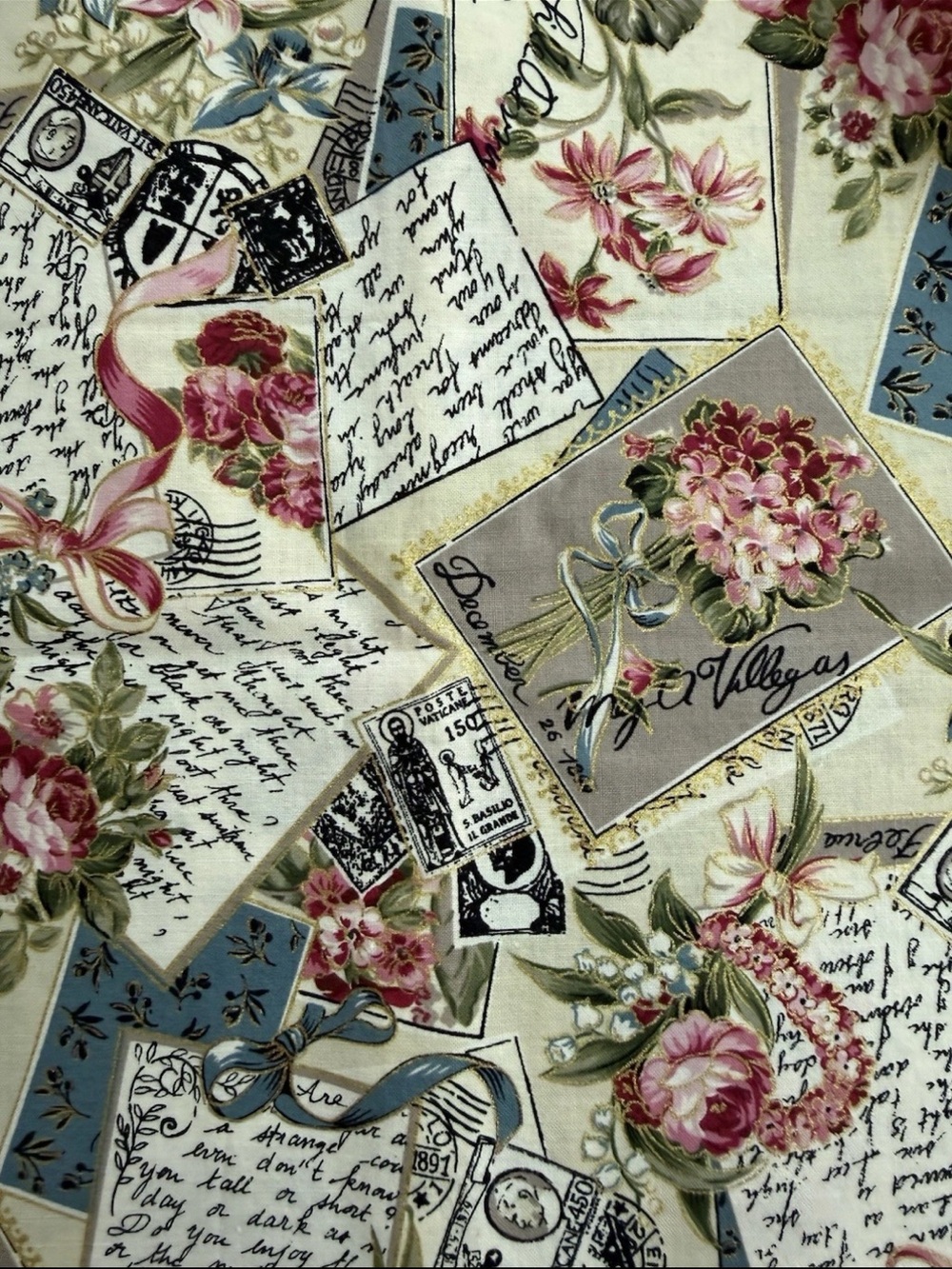 VTG Hoffman Fabrics Heirloom Letters Floral Writing Quilting Cotton Fabric